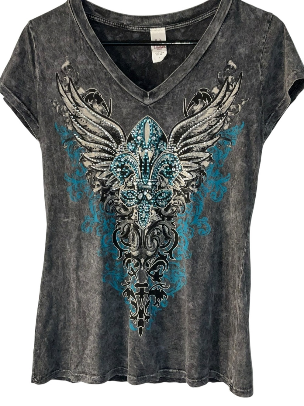 Women's Washed Gray V-Neck Tee with Teal Winged Fleur-de-Lis Graphic